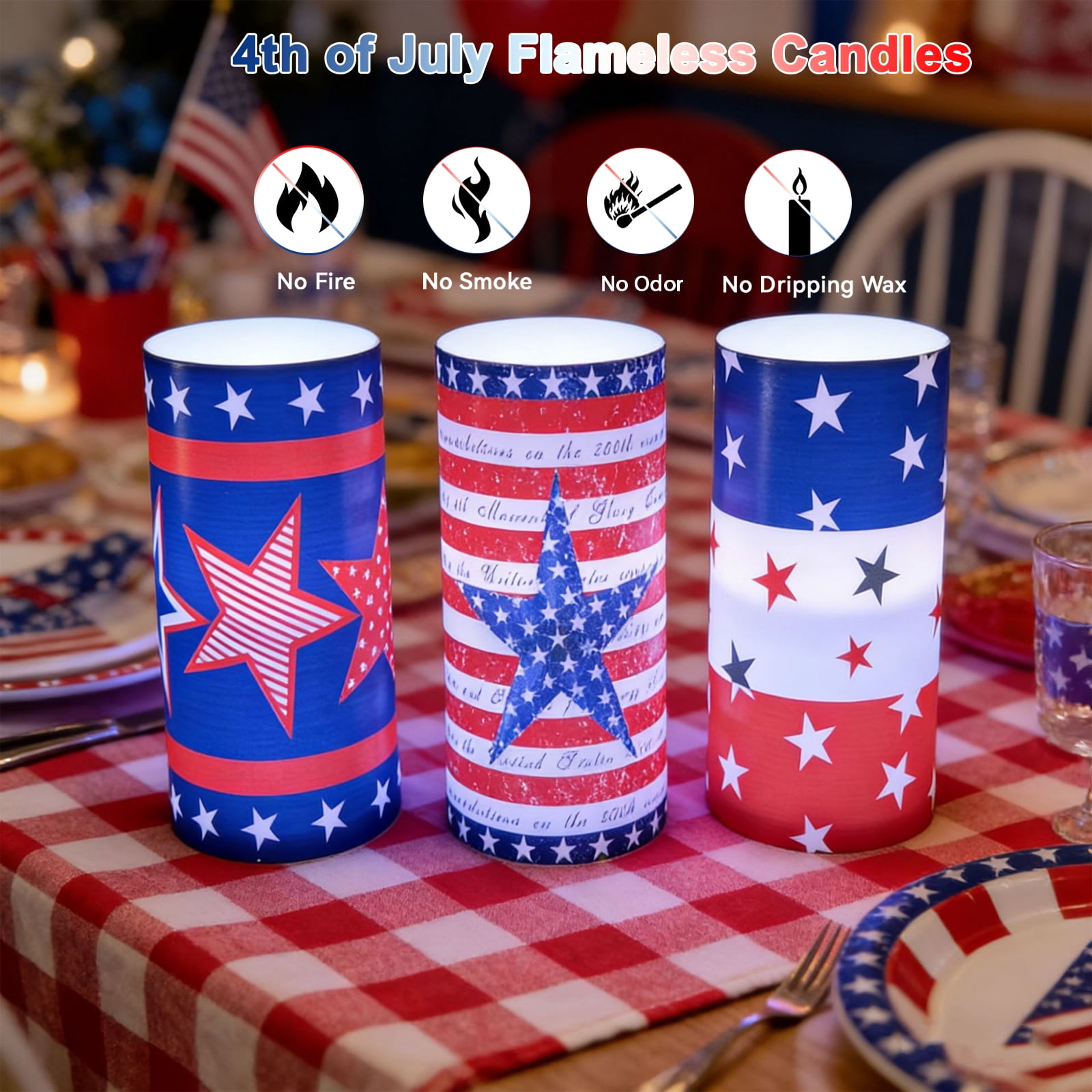 4th of July Flameless Candles, 12 Color Changing American Flag Star LED Candles with Remote & Timer, Flickering Patriotic Pillar Candles Battery Operated for Home Independence Day Decor