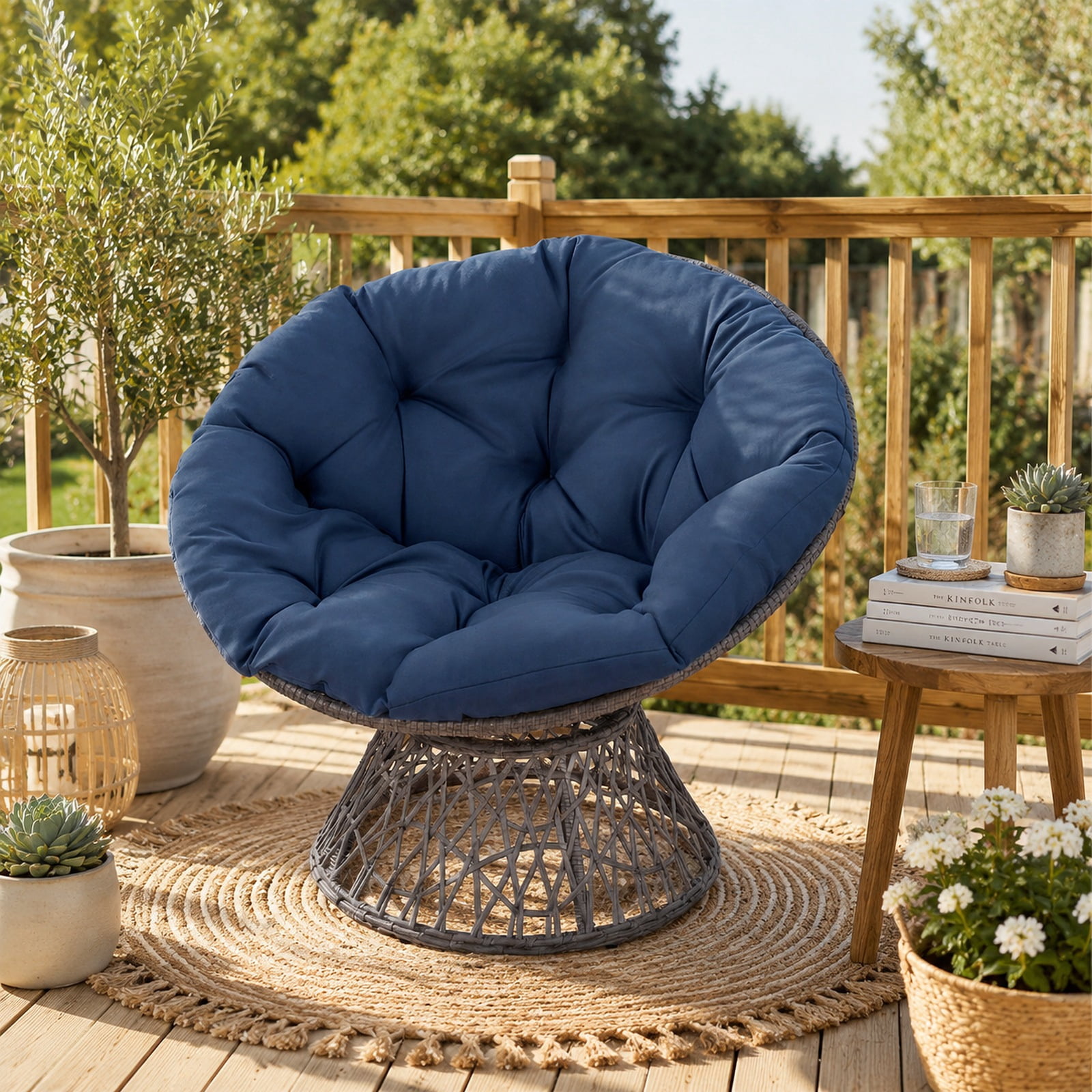 Furnibear Swivel Papasan Chair with Round Wicker Bowl Seat and Thick Soft Cotton Cushion for Living Room Bedroom and Patio, Navy