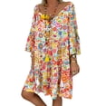 thumbnail image 3 of Robe d'Été Manches Longues Col en V Robe Femme Imprimée Robe d'Été Ample, Jaune, S, 3 of 7