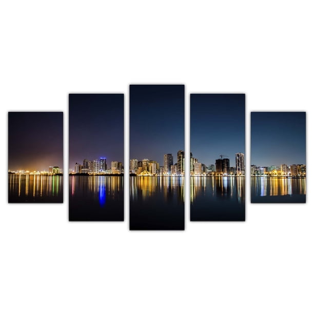 Juego de Cuadros Decorativos, Skyline de Sharjah Emiratos Árabes, Estilo Elegante, 5 Piezas, Ideal para Sala y Oficina, 150x80cm