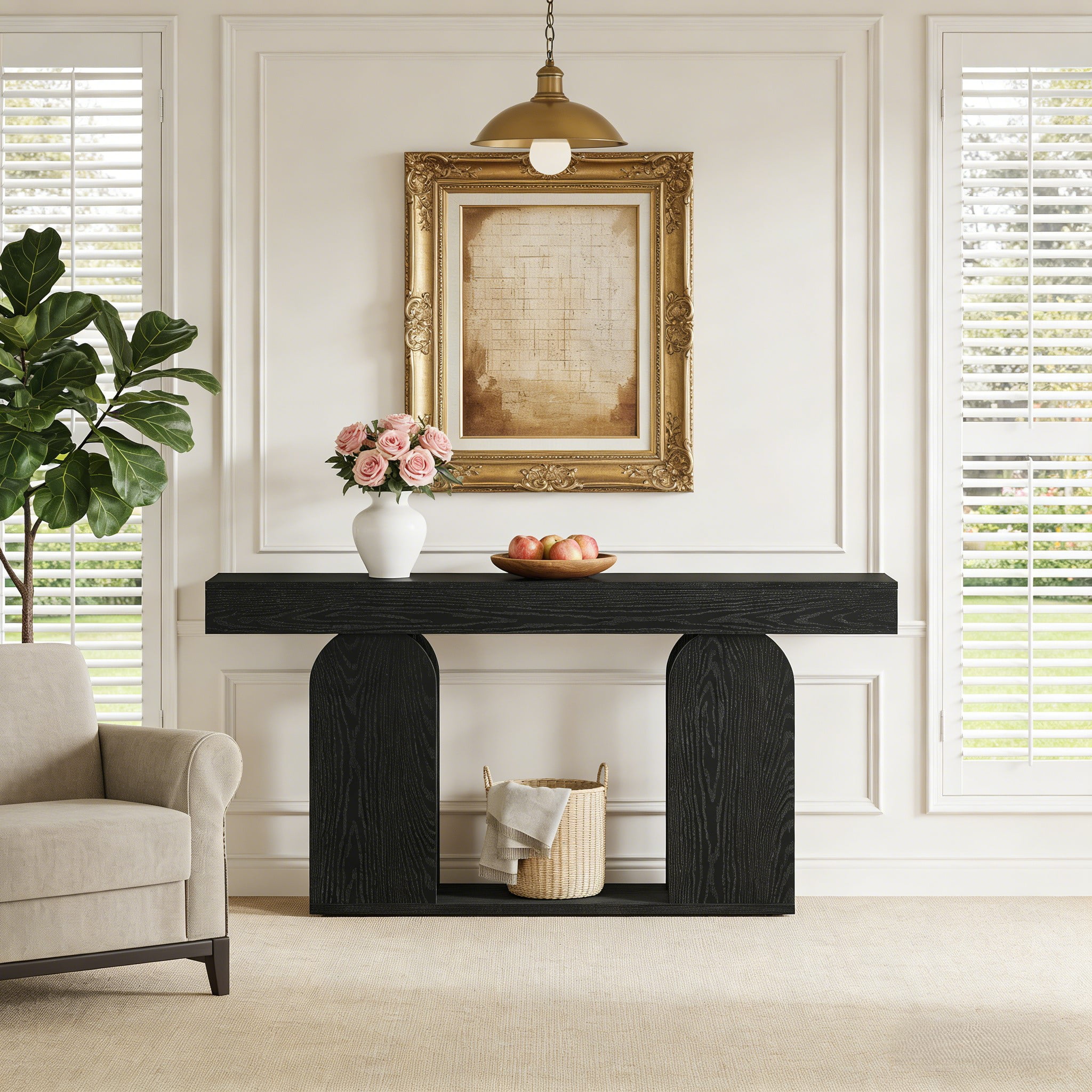 Fnova 70.87" Farmhouse Console Table for Entryway, 2-Tier Storage Long Narrow Wood Entryway Table, Easy Assembly, Black