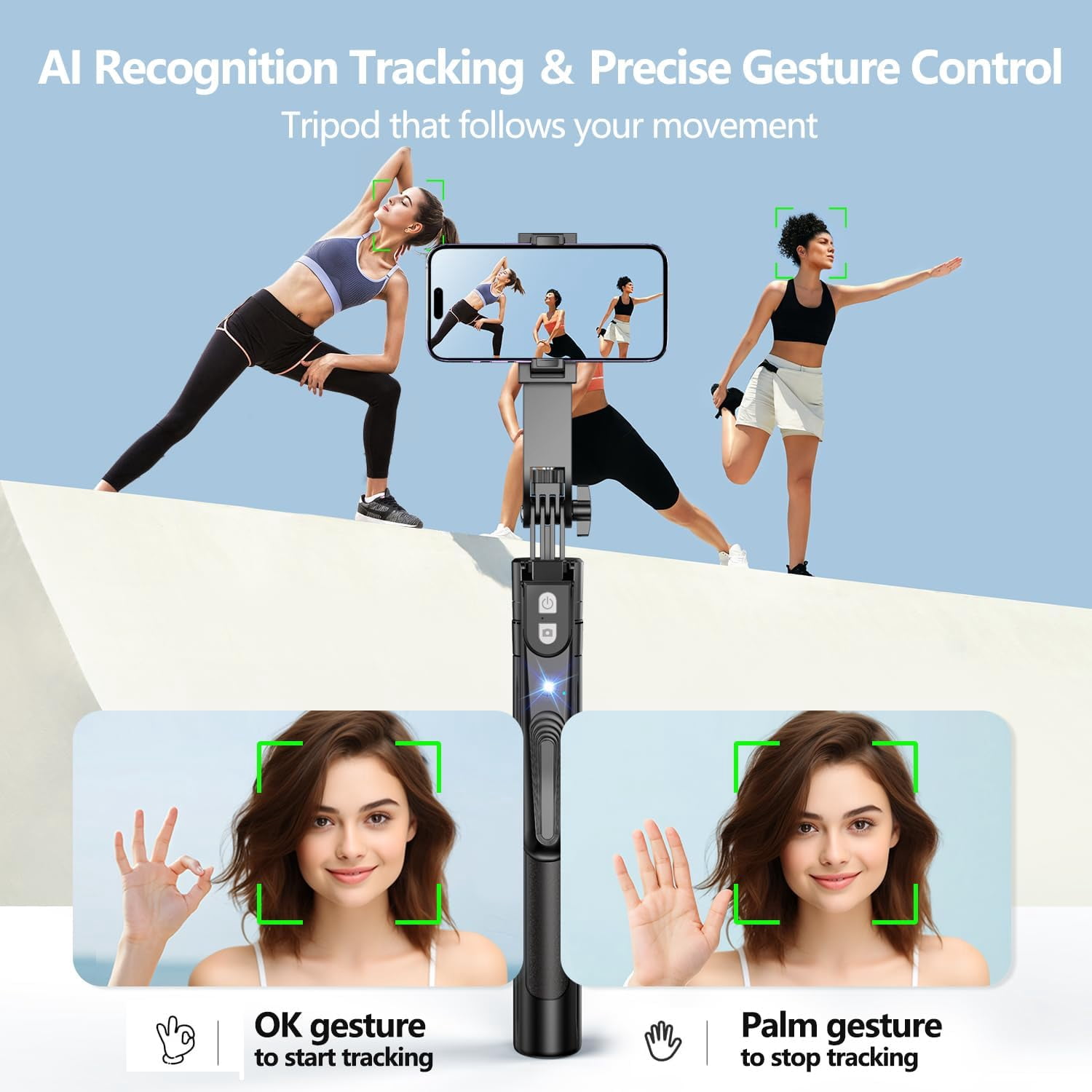 NEOYFC  Face Tracking Tripod 360° Rotation with Stand, 70.9" Motion Sensor Phone Tripod Stand, No App, Gesture Control, Smart Face Body Auto Tracking Selfie Stick Tripods for Video Record/