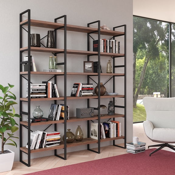 Antique Walnut Color 6-Tiers Industrial Style Bookcase