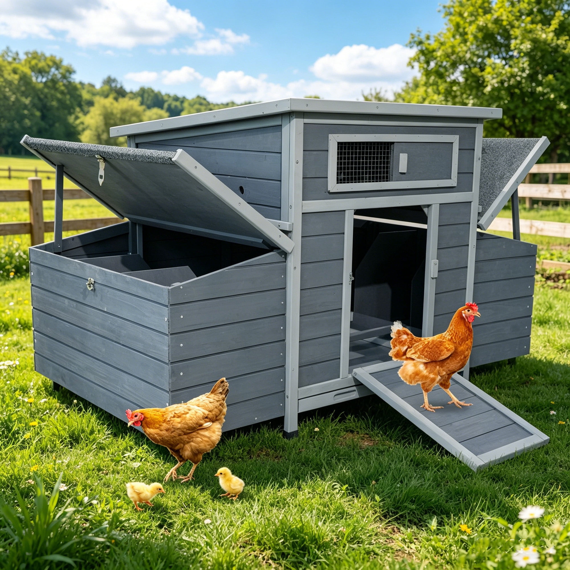Aukfa Large Chicken Coop Wooden 6 Nesting Boxes Chicken Cage for Outdoor, Backyard, Dark Gray