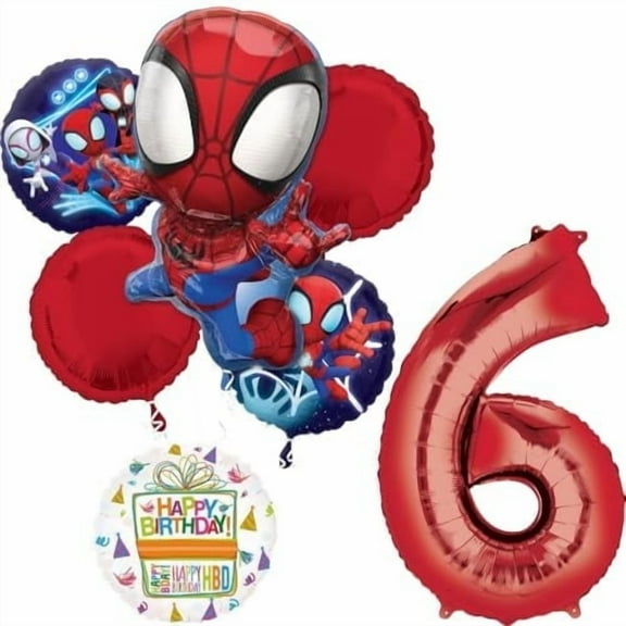 Spidey and Friends 6th Birthday Party Supplies 7pc Foil Balloon Bouquet Decorations
