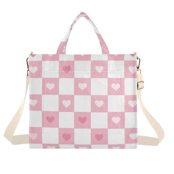 FORMRS Womens Corduroy Tote Bag Crossbody Shoulder Handbag with Pocket, Pink Checkered Heart