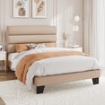 thumbnail image 2 of Amolife Twin Bed Frame, Platform Bed Frame with Fabric Upholstered Slat Headboard, Beige, 2 of 7