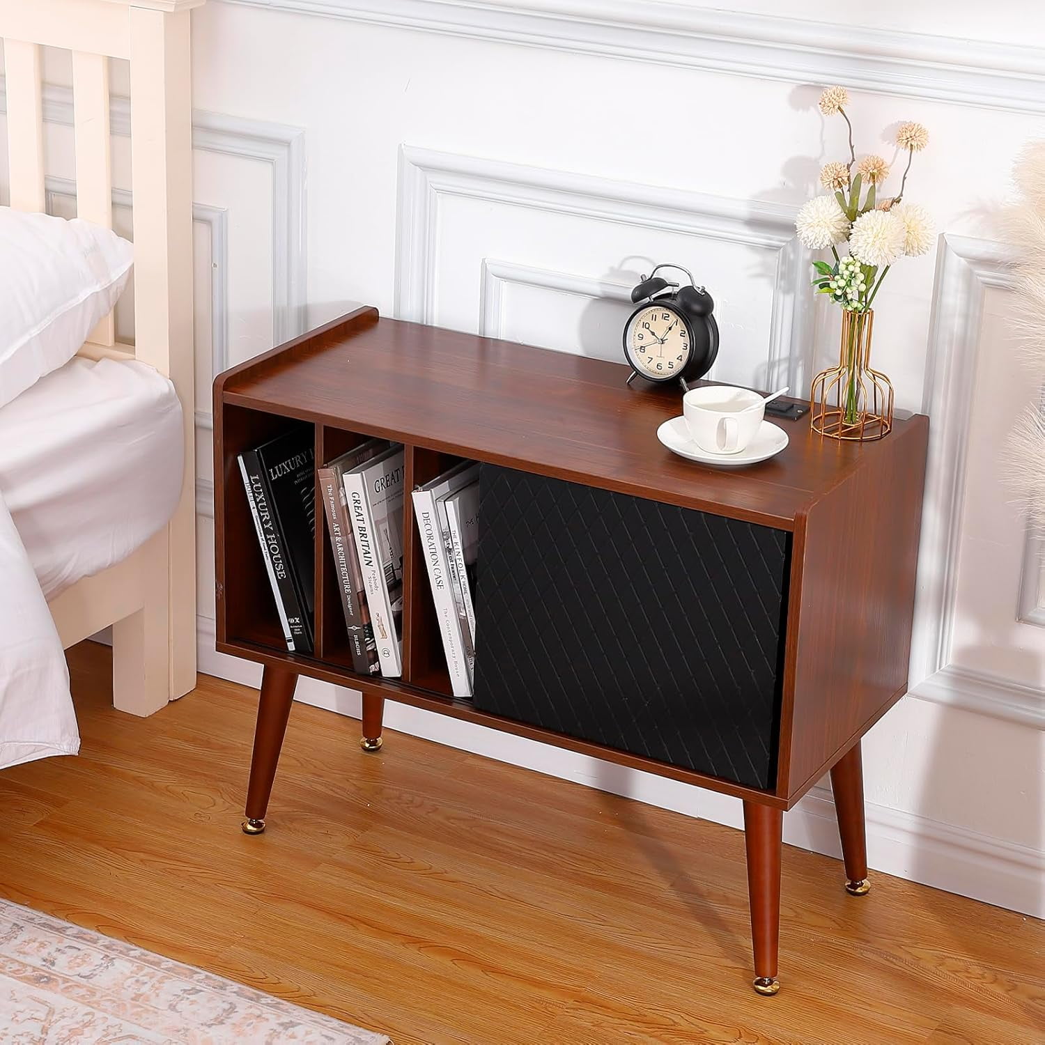 Essential Picks Elegant Record Player Stand with Vinyl Storage – Holds Up to 300 Albums, Built-In Charging Station, and Sliding Door Cabinet for Living Room & End Table Use