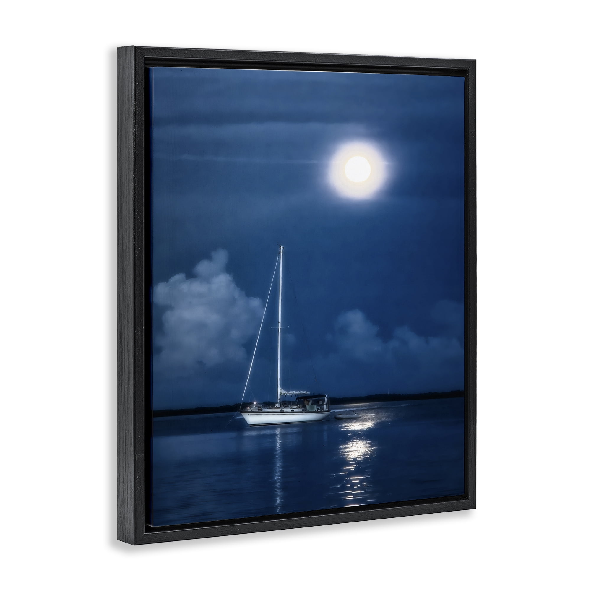 Stupell Industries Moonlit Nighttime Sailing Nautical & Beach Photography Black Floater Framed Canvas Art Print Wall Art, 17 x 21