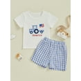 thumbnail image 3 of Baby Toddler Boys Summer Clothes for 4th of July, 6 12 18 24 Months 2T 3T 4T Short Sleeve Embroidery Truck T-shirt with Plaid Shorts for Independence Day, 3 of 9