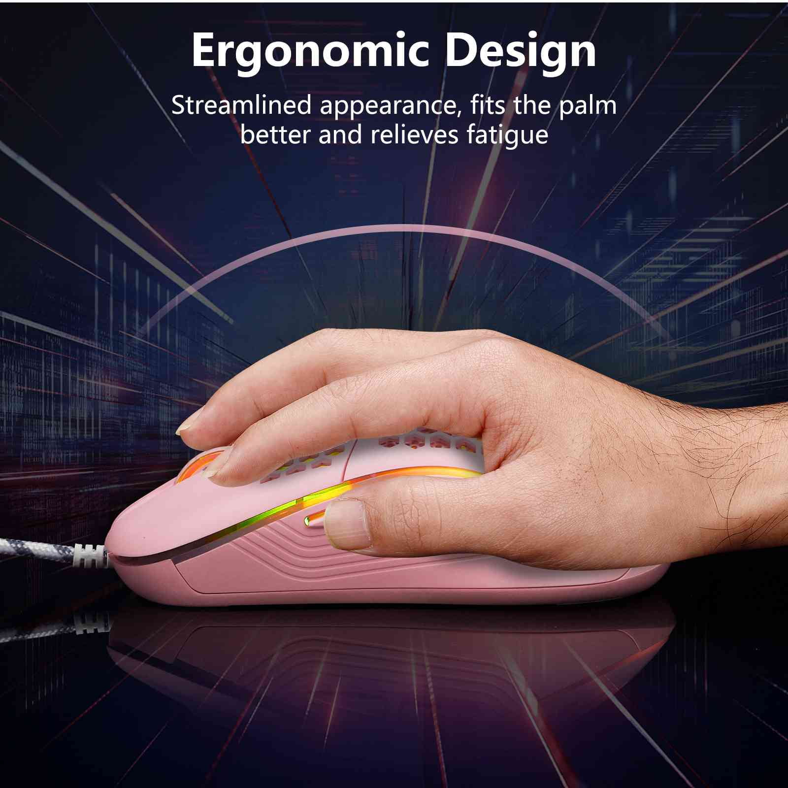 Pink Honeycomb USB Wired RGB Gaming Ergonomic Adjustable DPI PC Computer  Mouse
