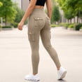 thumbnail image 4 of BVnarty Women's High Waist Tummy Control Cargo Leggings with Buttoned Pockets, Skinny Fit Athletic Trousers for Gym Workout Khaki M, 4 of 9