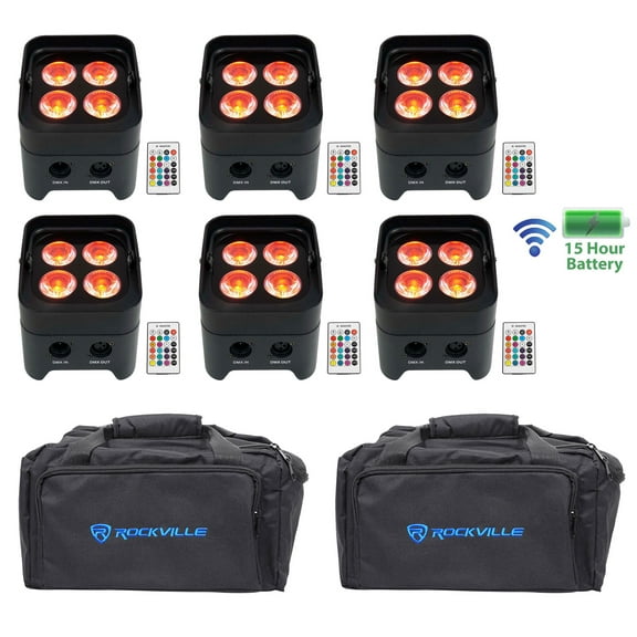 (6) Rockville BEST PAR 50 Rechargeable Par Wash Lights Wireless DMX RGBWA UV Bag