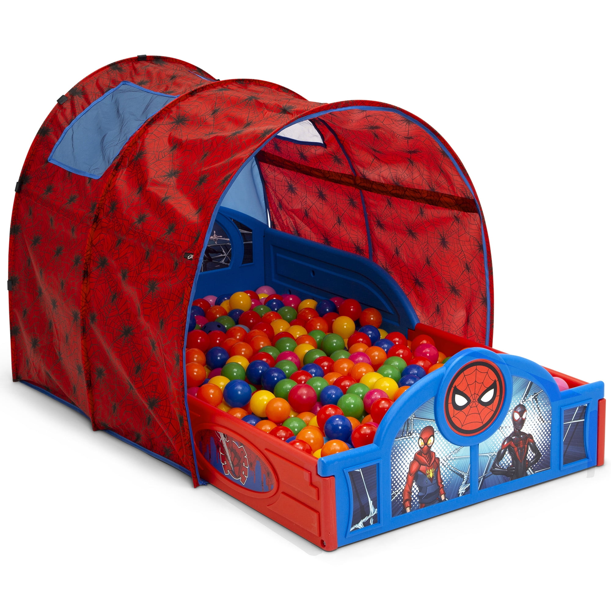 Marvel Spider Man Sleep and Play Toddler Bed with Tent and Built In Guardrails by Delta Children