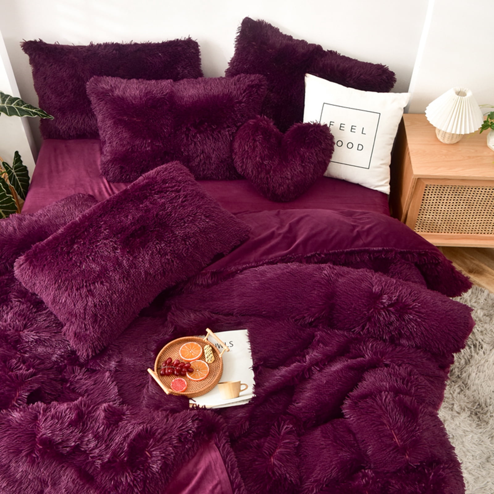 MorroMorn 5 PCS Shaggy Duvet Cover Bedding Set - Fluffy Comforter Cover Long Faux Fur Luxury Ultra Soft Cozy (Maroon, Full/Queen)