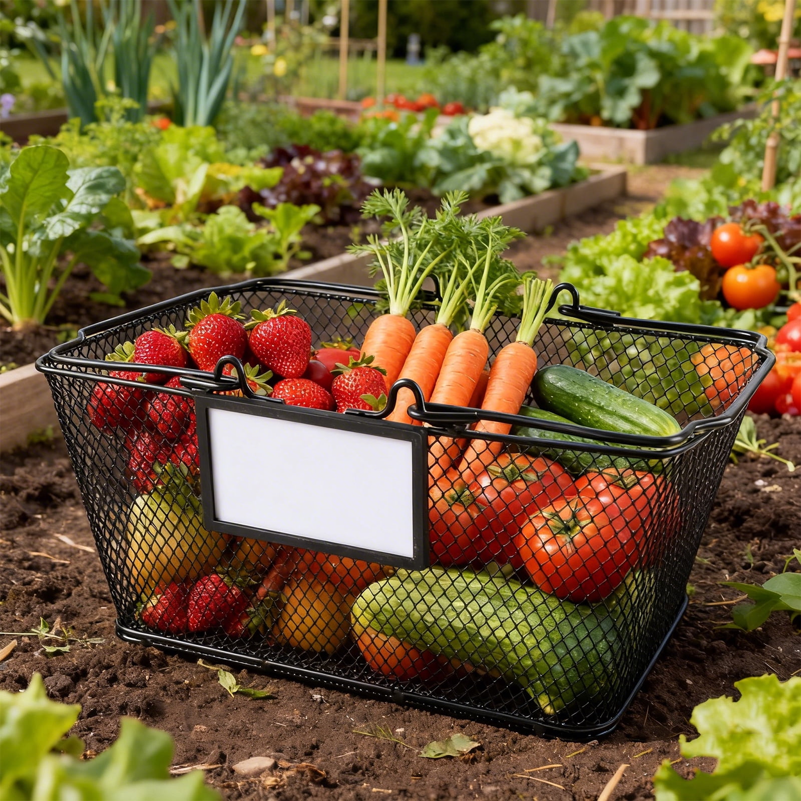Brabtod Metal Mesh Harvest Basket with Handle & Magnetic Label, Multipurpose Garden Harvesting Basket for Fruits, Vegetables & Produce, Kitchen Storage Organizer