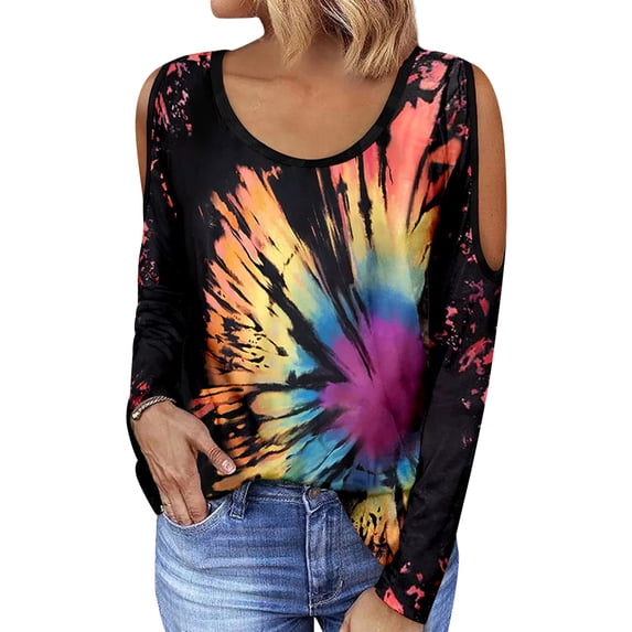TWZH Women Tie-Dyed Gradient Print Cold Shoulder Round Neck Shirt