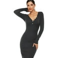 thumbnail image 4 of Women Long Sleeve Sexy V-Neck Buttons Bodycon Midi Long Dress Solid Color Ribbed Knit Package Hip Sweater Clubwear, 4 of 21