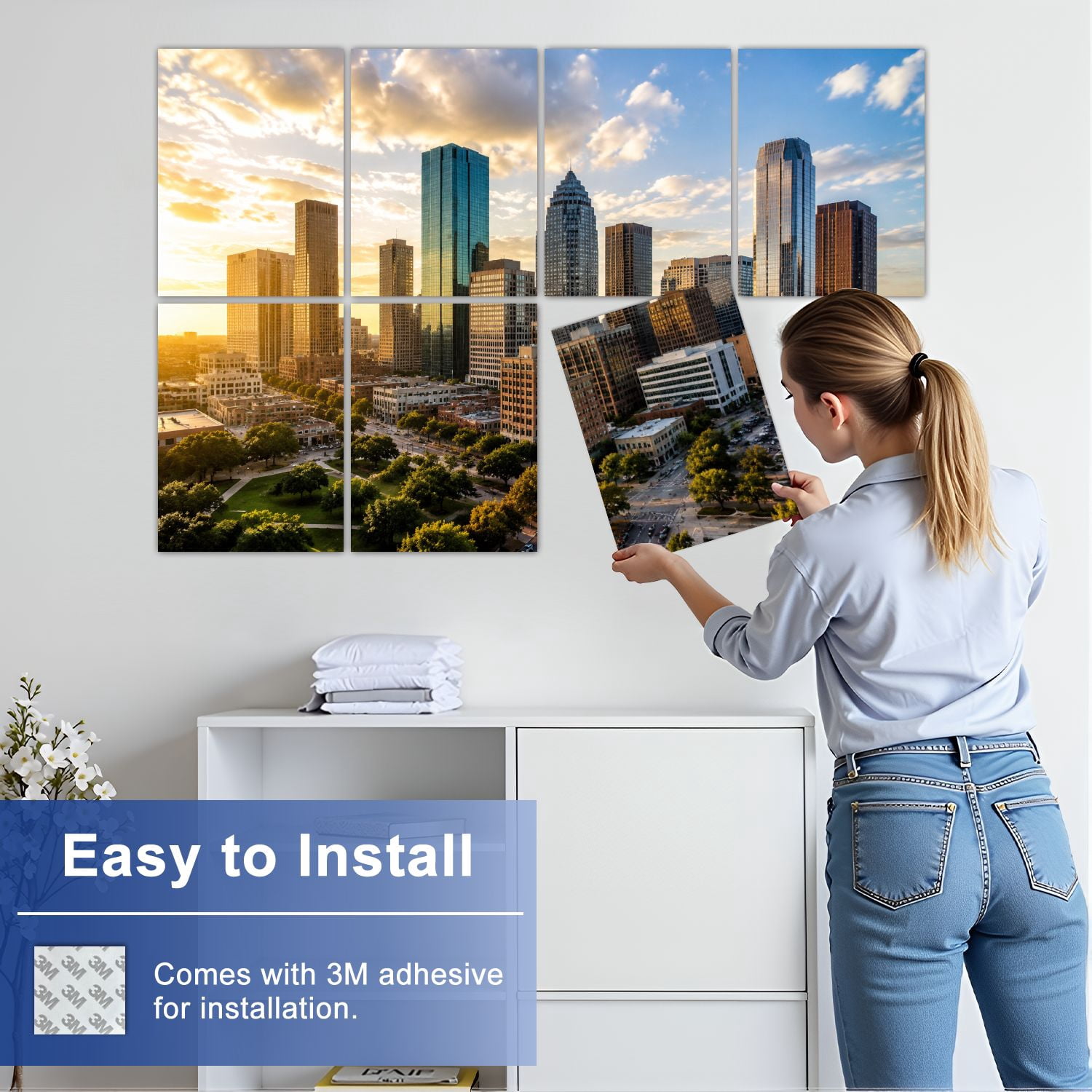 8 Pack Art Acoustic Panels Sound Absorbing Houston Texas Skyline Decorative Soundproof Wall Panels Self Adhesive for Nursery Game Room Bedroom 48"x32"