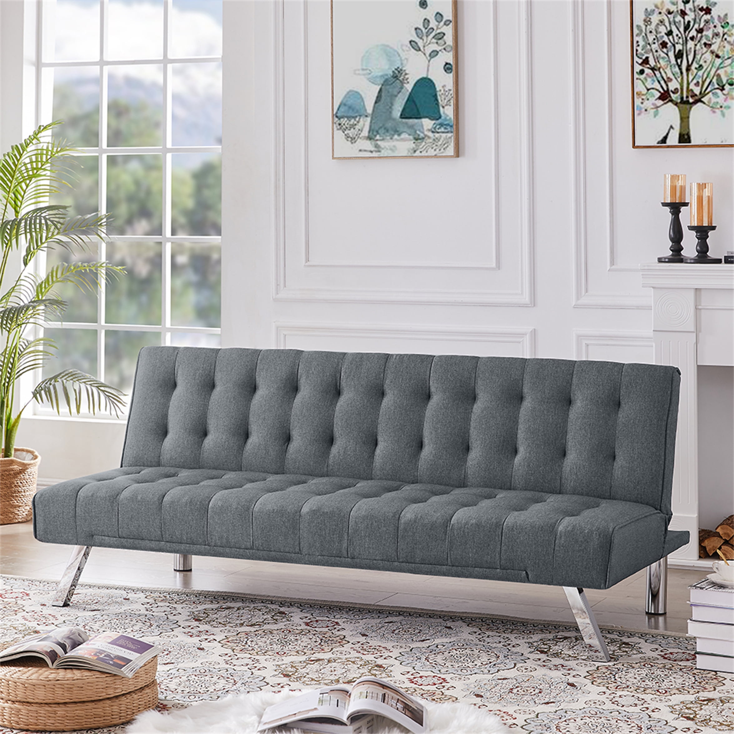 Modern Sofa Sleeper Design for Living Room or Bedroom Dark Grey Including Metal Legs and Linen Upholstery Sofabed Merax Futon Bed Couch