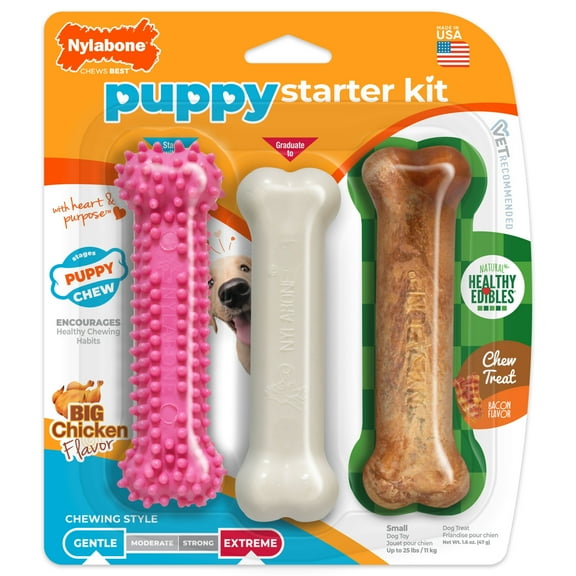 Nylabone Puppy Chew Starter Kit Chew Toy with Healthy Edibles Chew Treat Chicken & Bacon Pink Small (3 Count)