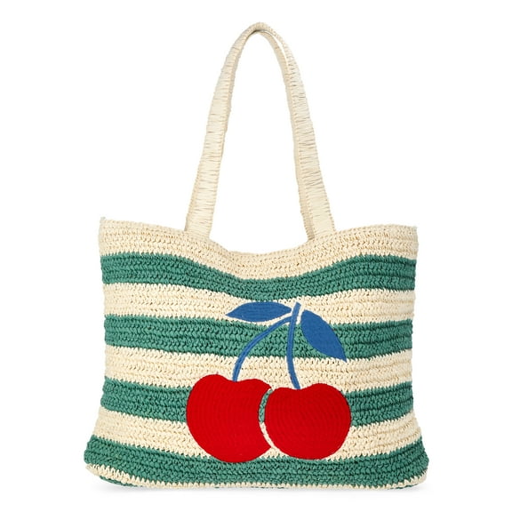 No Boundaries Women's Cherry Beach Tote Bag, Green Cherry