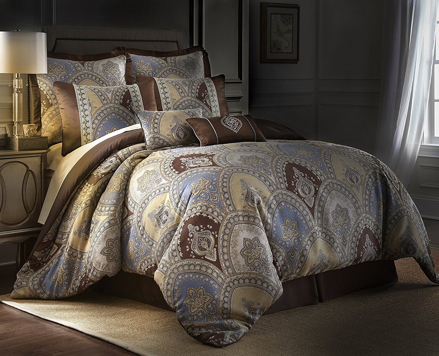 Queen Sterling Creek 9-Piece Jacquard Black Gold Floral Oversized Comforter Set 