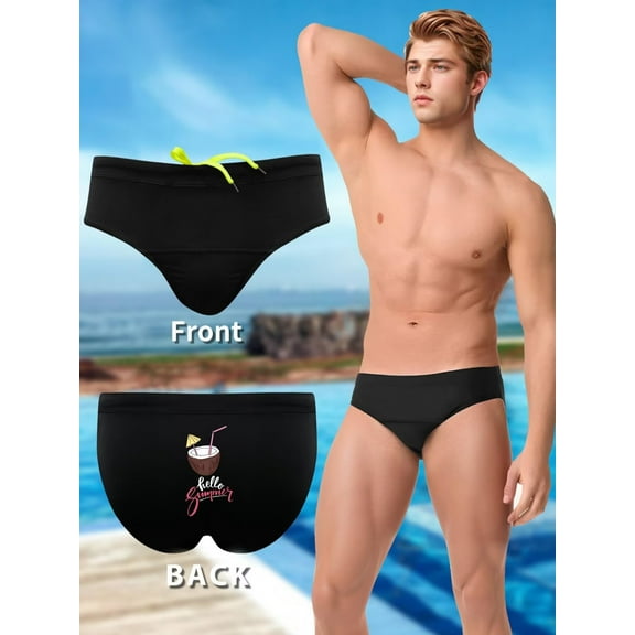 Men's Retro Print Brief Swimwear - Low Waist Design Beach Vacation Swimsuit