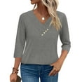thumbnail image 6 of Nfurl 3/4 Length Sleeve Womens Tops Dressy Solid Color V Neck Tee Shirts Loose Fit Cute Button Print Top Lightweight Comfy Blouses Fall Pullover, 6 of 8