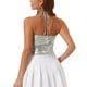 thumbnail image 3 of Camiseta metálica sin espalda para mujer Inspire Chic, con tirantes asimétricos y halter, top brillante en plata, 3 of 6