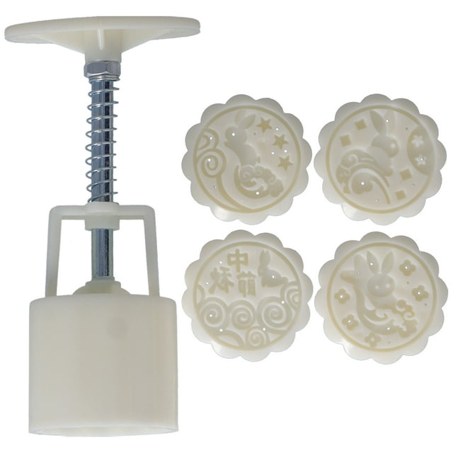 50g HandPress Mooncake Moule Dessert Biscuits Moule Outil de Cuisson avec 4 Tampons Ronds pour la Cuisine (Modèle Mignon de Lapins)
