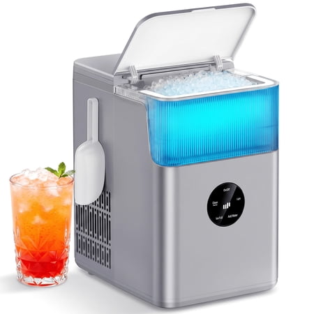 Upstreman Nugget Ice Maker Countertop, 33lbs/24H Portable Ice Machine Self-Cleaning Chewable Pellet Ice Maker Crushed Ice w/ Detachable Ice Basket & LED Indicator, for Kitchen Office, Stainless Steel