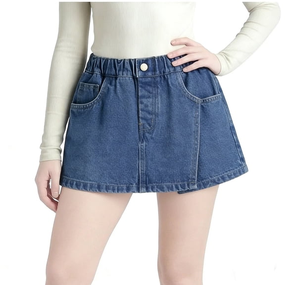 Girls Elastic Waist Denim Skort, Kids Wrap Front Jean Skirt Shorts with Front Button for Summer Daily Wear Blue 120