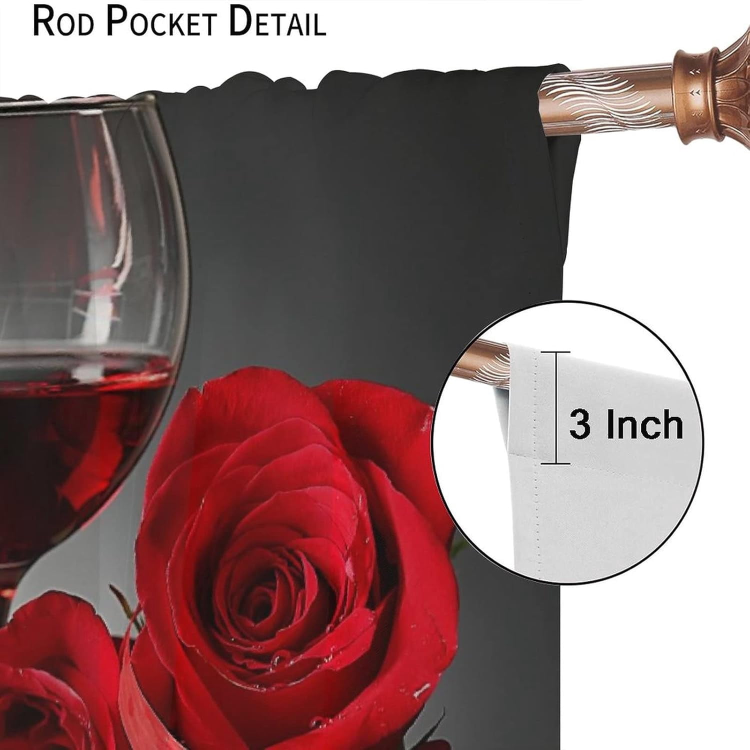 Red Rose and Wine Kitchen Curtains Women Floral Drapes Girls Valentine Decor Cafe Blackout Rod Pocket Red Curtains for Kitchen Bedroom Living Room Romance Love Print Window Drapes 84x84in