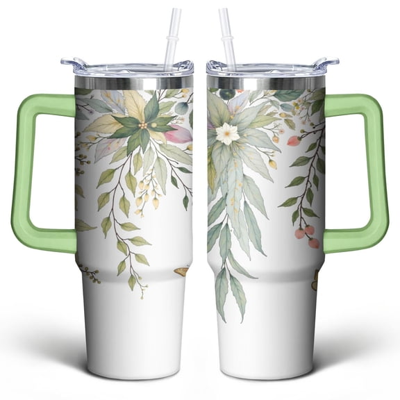 Green Leaves 30 Oz Tumbler with Handle Lid and Straw, Stainless Steel Double Walled Vacuum Insulated Cup, Cute Anniversary Wedding Birthday Gifts Tumbler for Women Men Friends Outdoor Indoor