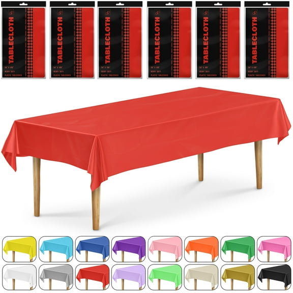 DecorRack 6 Pack Plastic Tablecloths, 54 x 108 inch Rectangular Disposable Table Covers for Parties, Events, Indoor Outdoor Use, Red (6 Count)