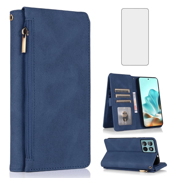 Asuwish Wallet Kickstand Hard Shell Cell Phone Case with Tempered Glass Screen Protector for Motorola Moto Edge 60 Fusion, Blue