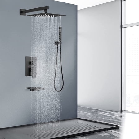 3 Function Shower Faucet Set System Black Rainfall Shower Head Combo Tub Filler