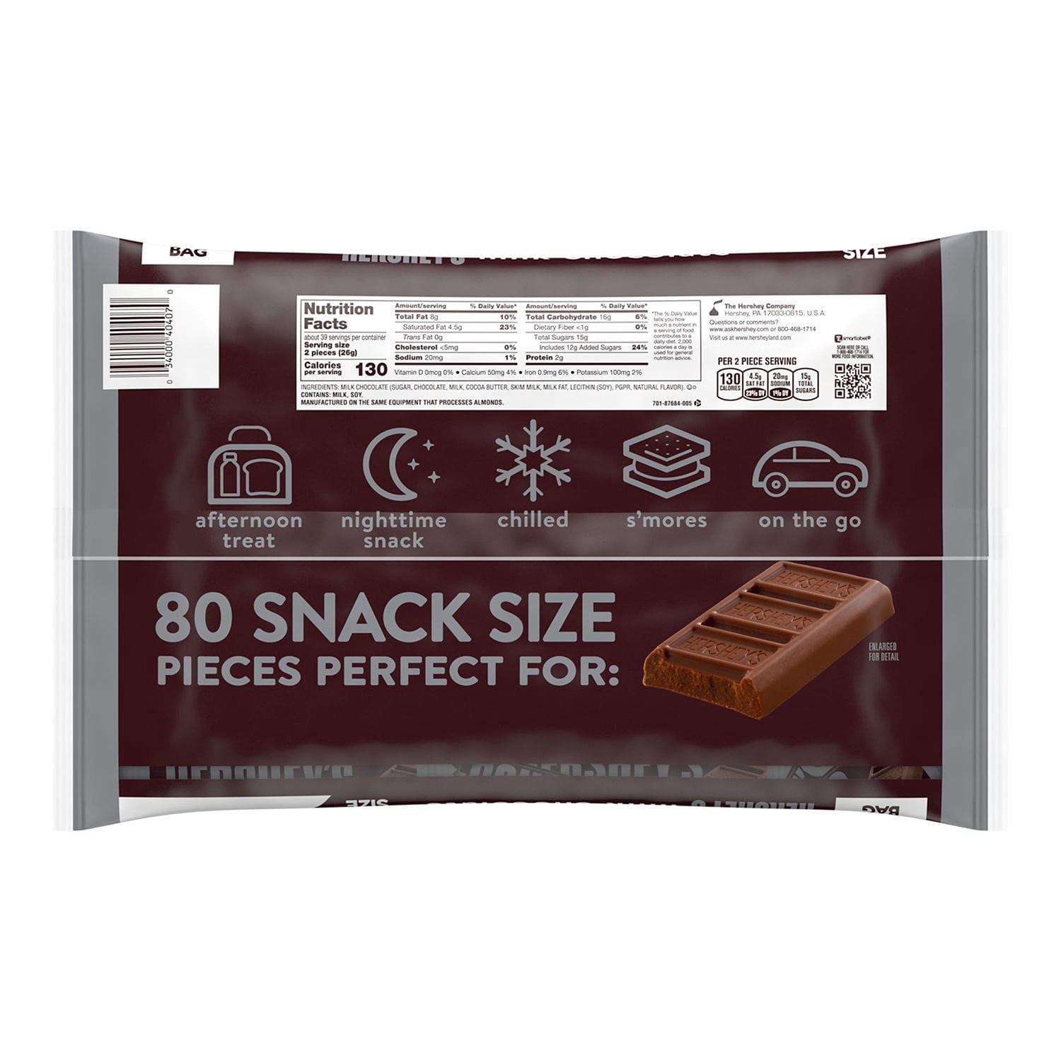 HERSHEY'S Milk Chocolate Bars, Snack Size, 80 pcs. With White Bowl By OMA