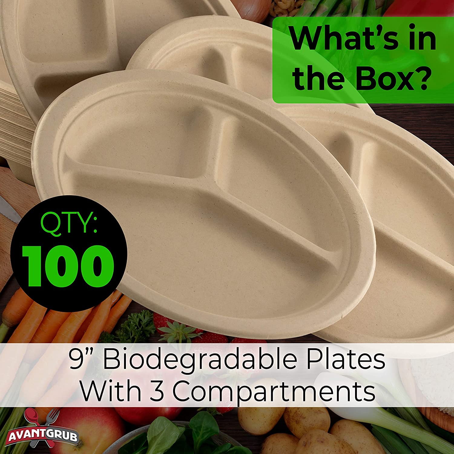 Avant Grub 9" Earth-Friendly Compartment Disposable Dinner Plates, 100 Pack
