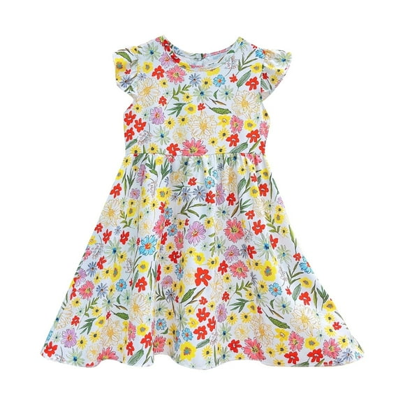 LUOGENLI Robe Décontractée pour Enfants à Fleurs, Longueur Genou, Manches Volantées, Robe Décontractée Convenant (Jaune Taille 3-4 Ans)