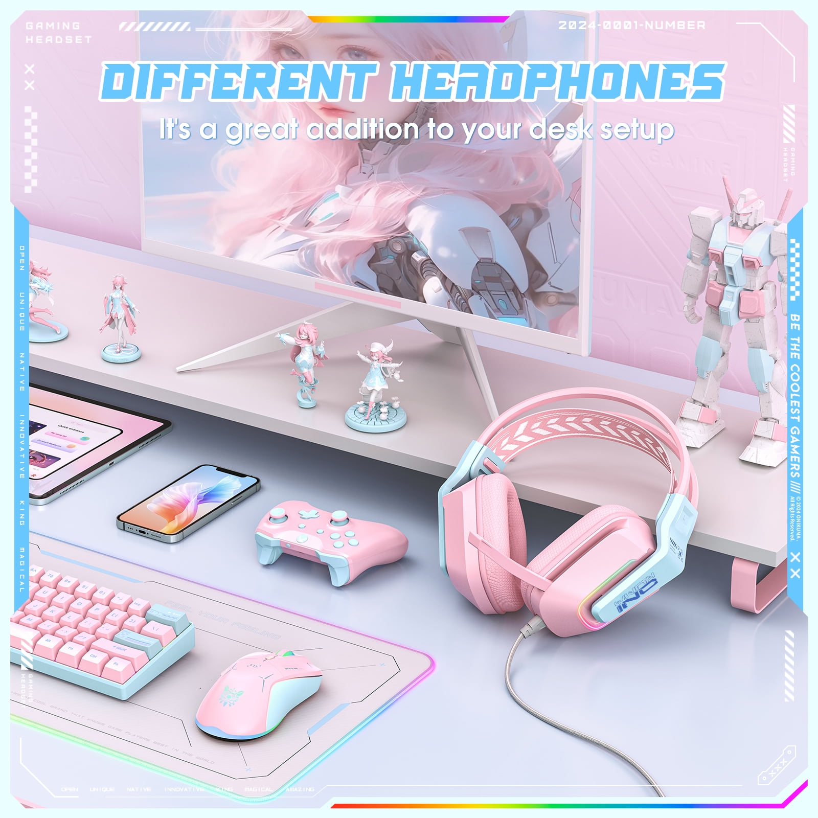 Gaming Headset with Mic for PC PS4 PS5 Xbox One Switch,Gamer Headphones Video Game Computer Gaming Headsets with Noise Cancelling Microphone Gaming Head Set Laptop Accessories,Pink