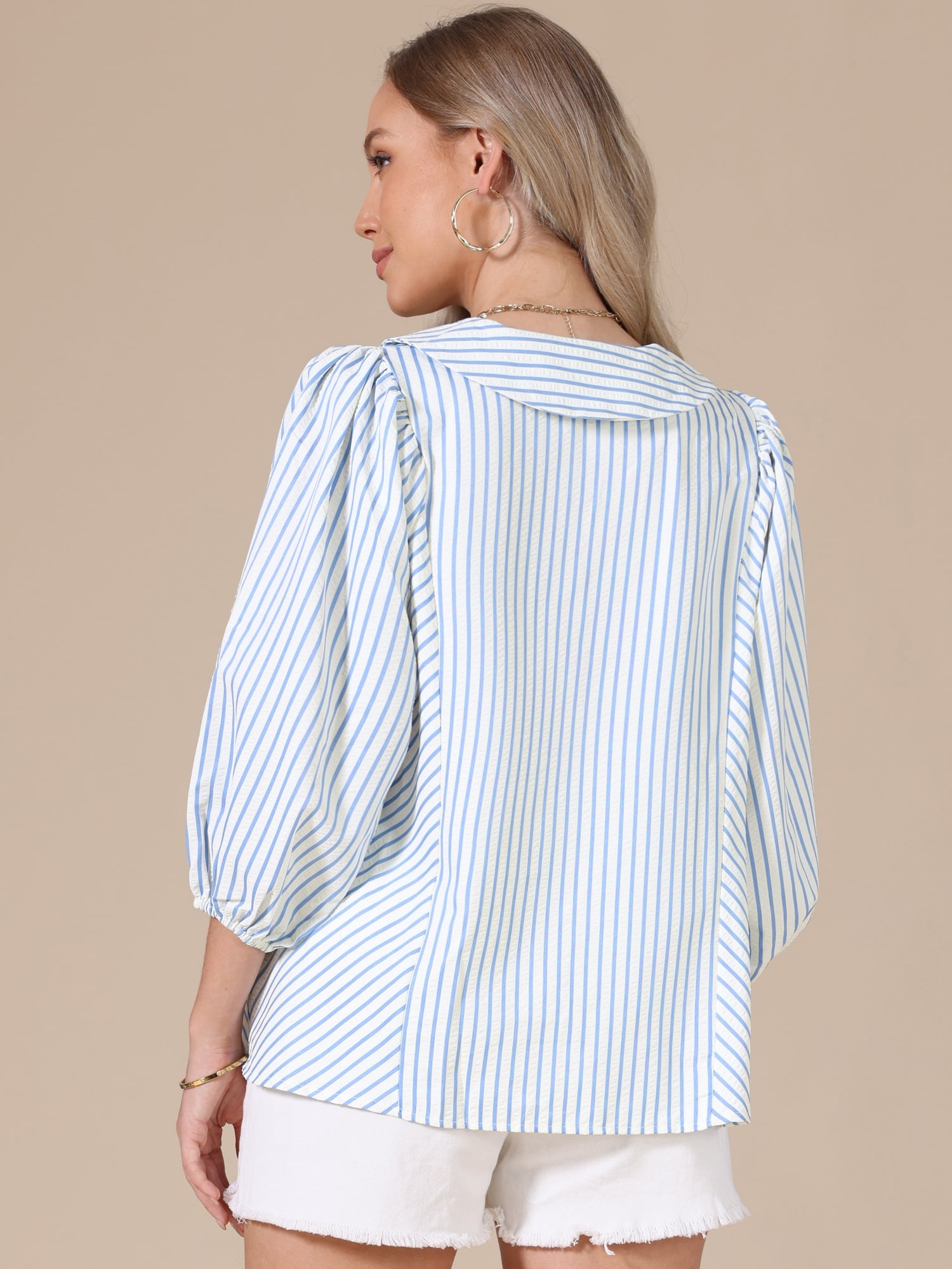 DARING DIVA Women's Button Down Striped Dressy Blouse Ruffled Sleeve S Blue