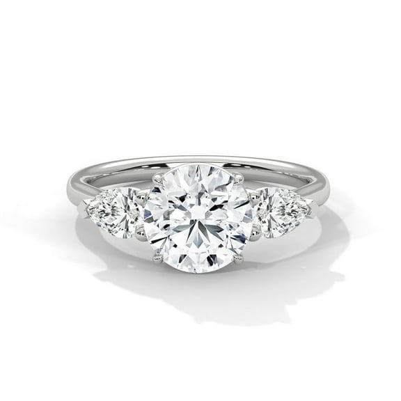 Three-Stone Real Moissanite Ring with Pear Side Stones in 14k White Gold Plated