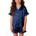 thumbnail image 3 of POIUYTR Girls 3 Piece Lounge Sets Casual Short Sleeve Button Shirts Striped Shorts and Pants Kids Loose PJs Sets, 3 of 6