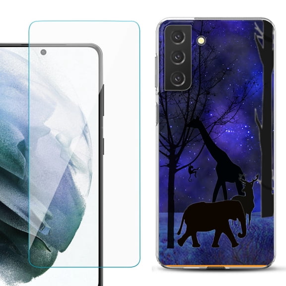 Slim-Fit TPU Fashion Phone Case for Samsung Galaxy S21 FE 5G Fan Edition, with Tempered Glass Screen Protector, by OneToughShield ® - Midnight Safari