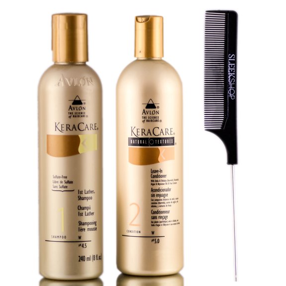 Avlon KeraCare 1st Lather Shampoo   Natural Textures Leave-In Conditioner   SleekShop Steel Pin Tail Comb Kit - 8 oz / 8 oz / SleekShop Steel Pin Tail Comb