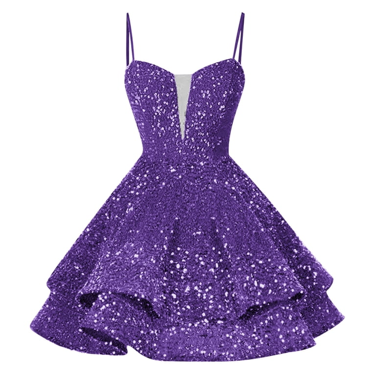 QATAINLAV Women's Solid Color Sequin Suspender Dress Casual Chest Pad V  Neck Party Dresses Ruffle Flowy Mini Dress Double Layer Pleated Clothes  Purple XL - Walmart.com
