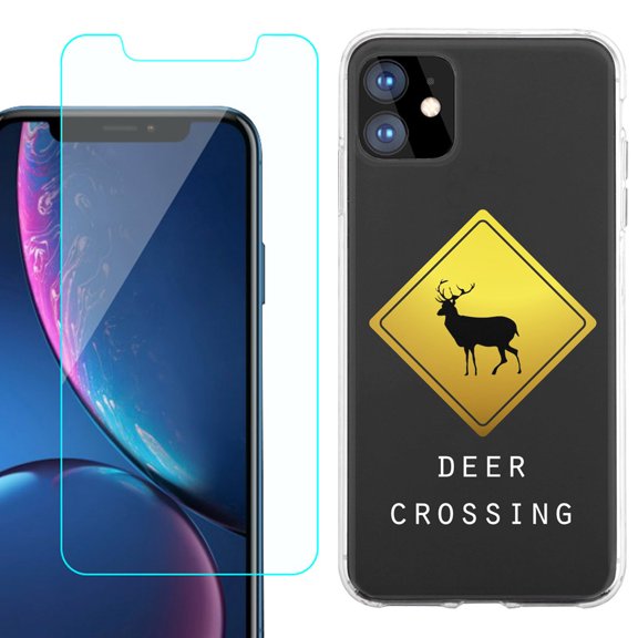 For Apple iPhone 11 Case , Slim-Fit TPU Protective Phone Case with Tempered Glass Screen Protector, by OneToughShield ® - Road Sign Deer