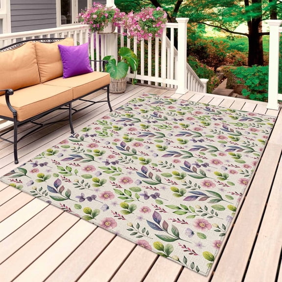 Pink Purple Leaves Outdoor Rug for Patio/Deck/Porch, Non-Slip Large Area Rug 3 x 5 Ft, Pastoral Botanical Wildflowers Beige Indoor Outdoor Rugs Washable Area Rugs, Camping Rug Carpet Runner